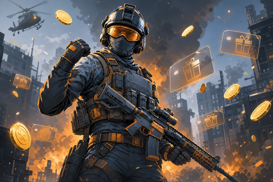 Original tactical soldier in a stylized combat scene with floating gift-card rewards